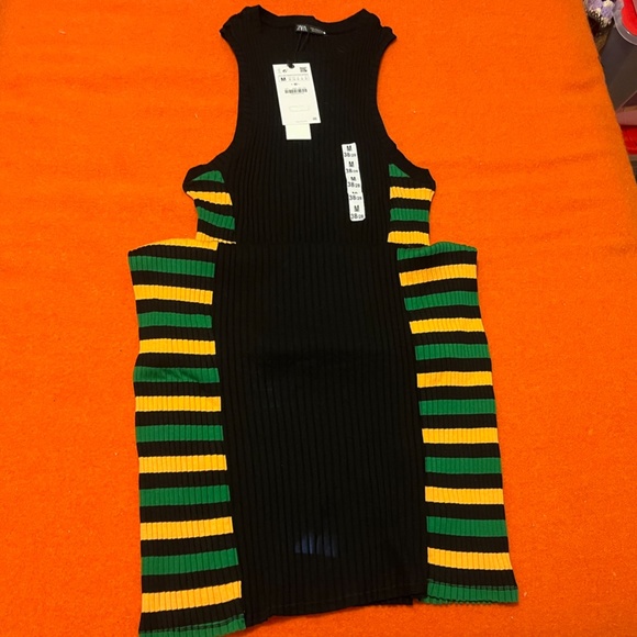 Zara striped black, green and orange ribbed sleeveless midi dress NWT - Picture 3 of 9